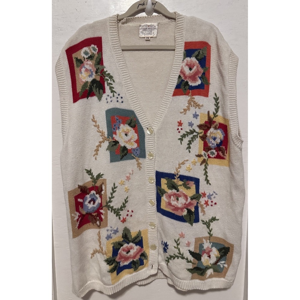 VTG Susan Bristol Novelty Floral Fall Cream Hand embroidered Sweater Vest~ Sz 2W